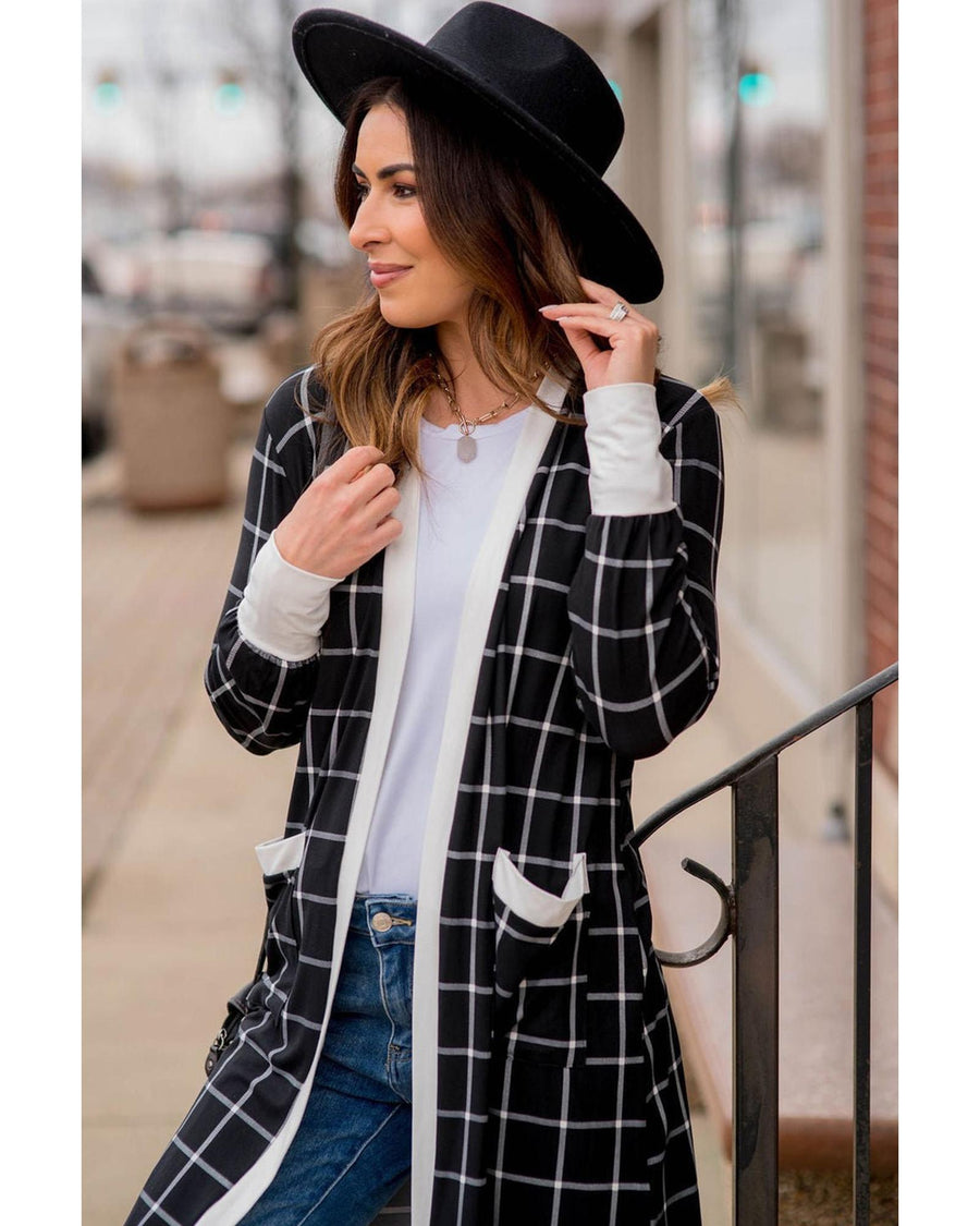 Black Plaid Colorblock Edge Open Cardigan with Pocket - M