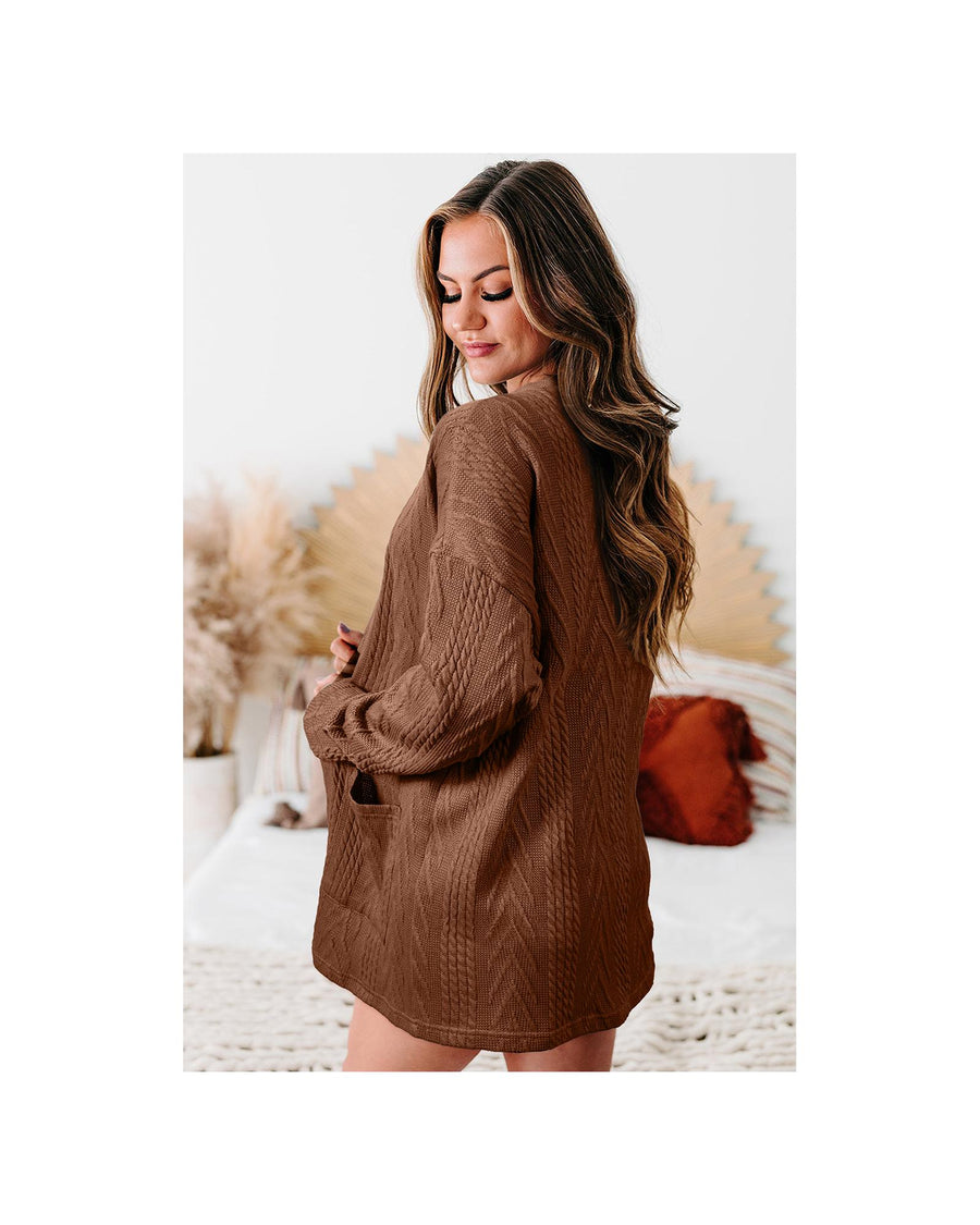 Coffee  Solid Textured Open Front Cardigan with Pocket - S