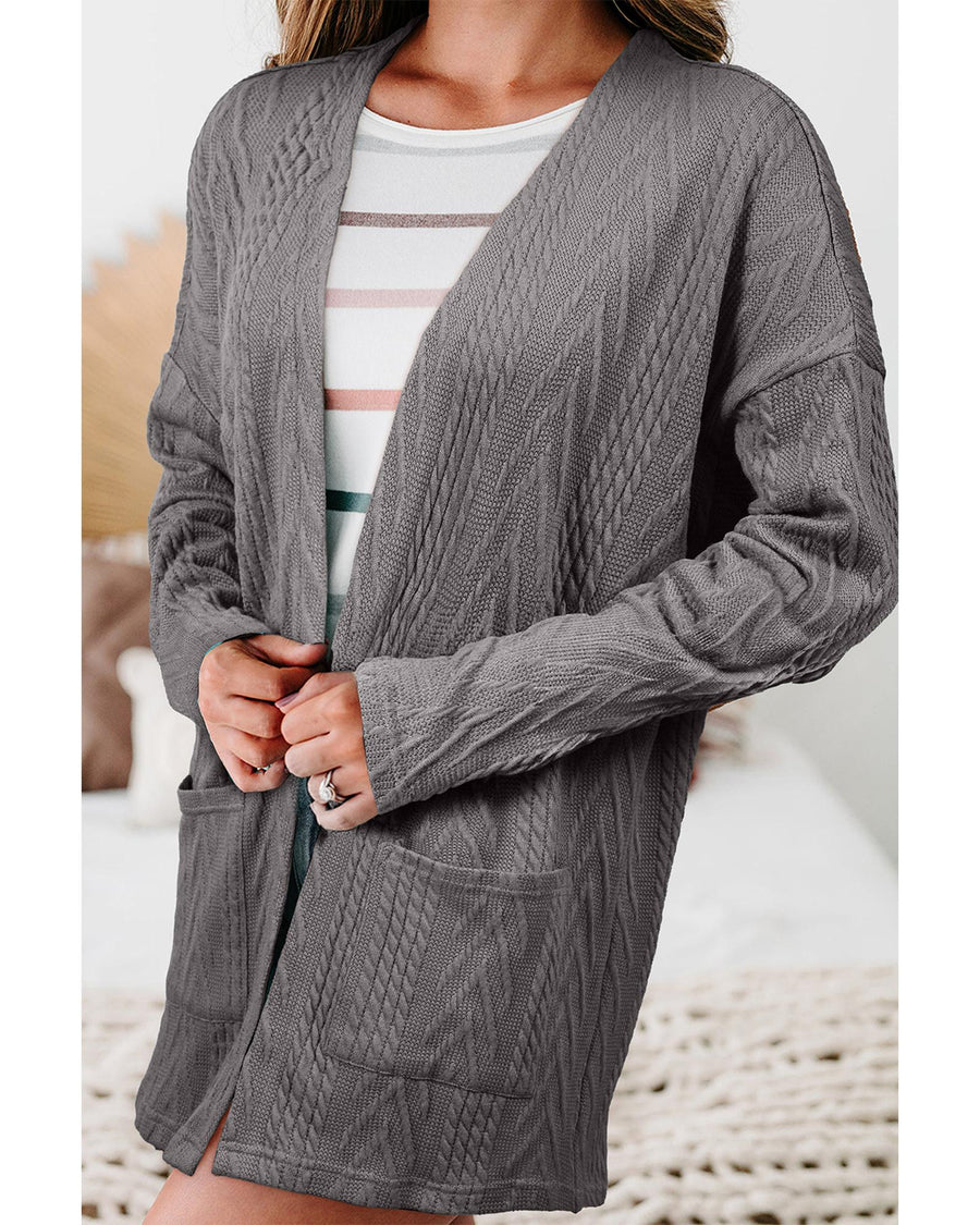 Medium Grey  Solid Textured Open Front Cardigan with Pocket - L