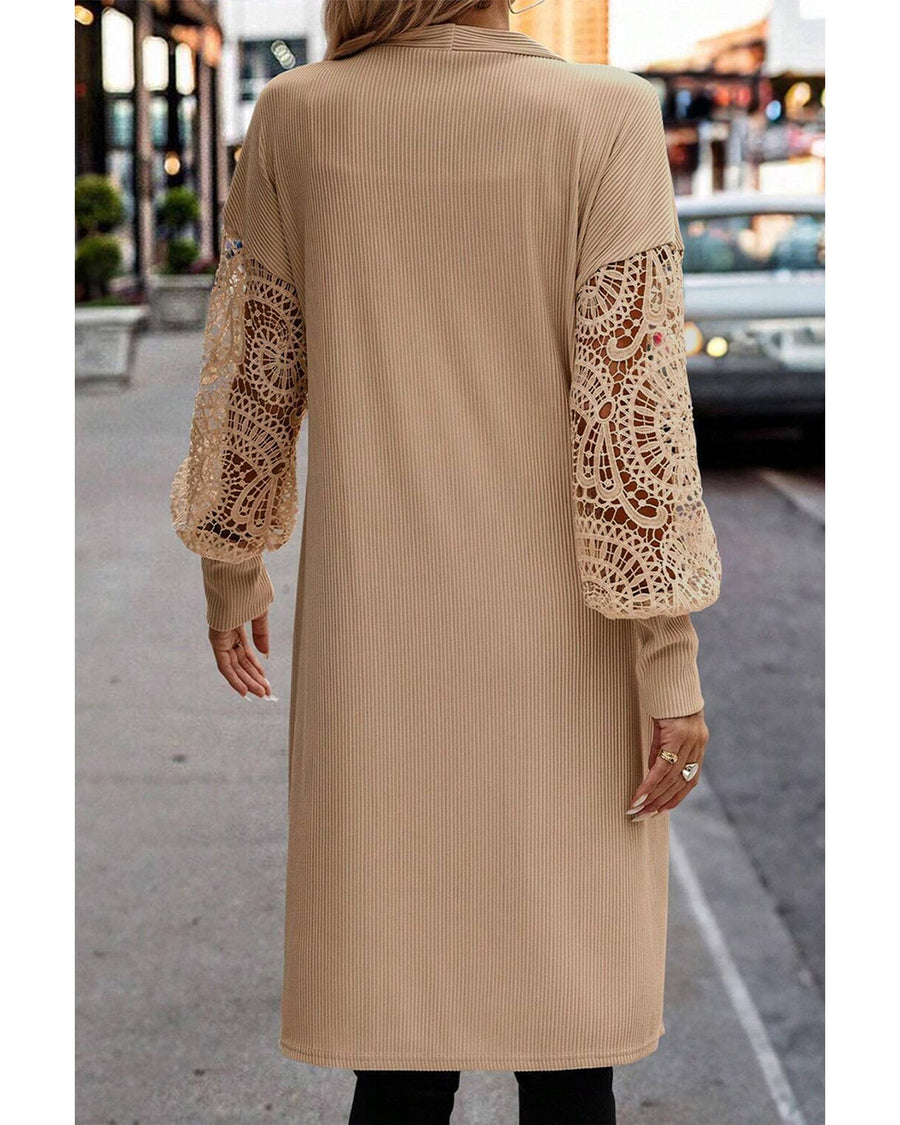 Parchment Lace Patchwork Ribbed Knit Open Front Duster Cardigan - M