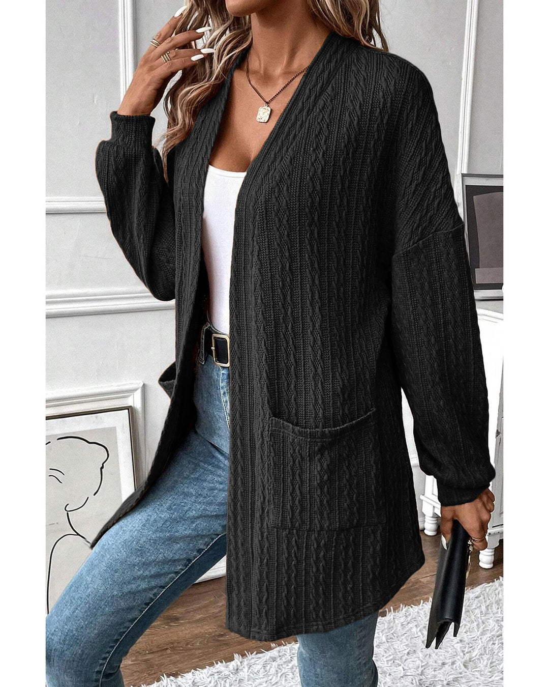 Black Textured Knit Side Pockets Open Front Cardigan - S