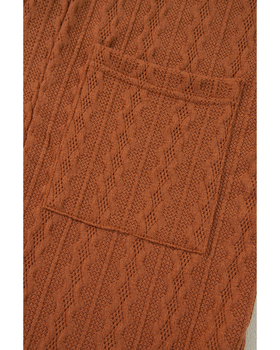 Chestnut Textured Knit Side Pockets Open Front Cardigan - S