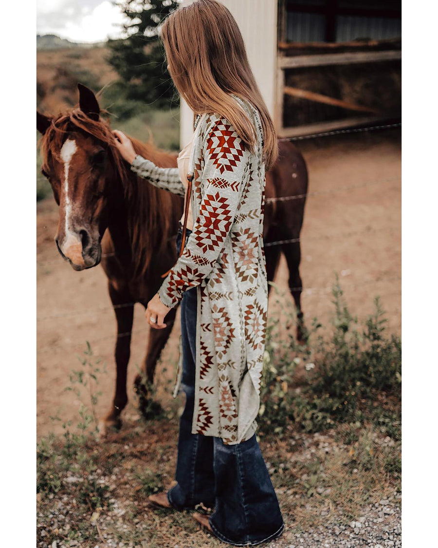 Brown Western Aztec Printed Open Front Long Cardigan - S