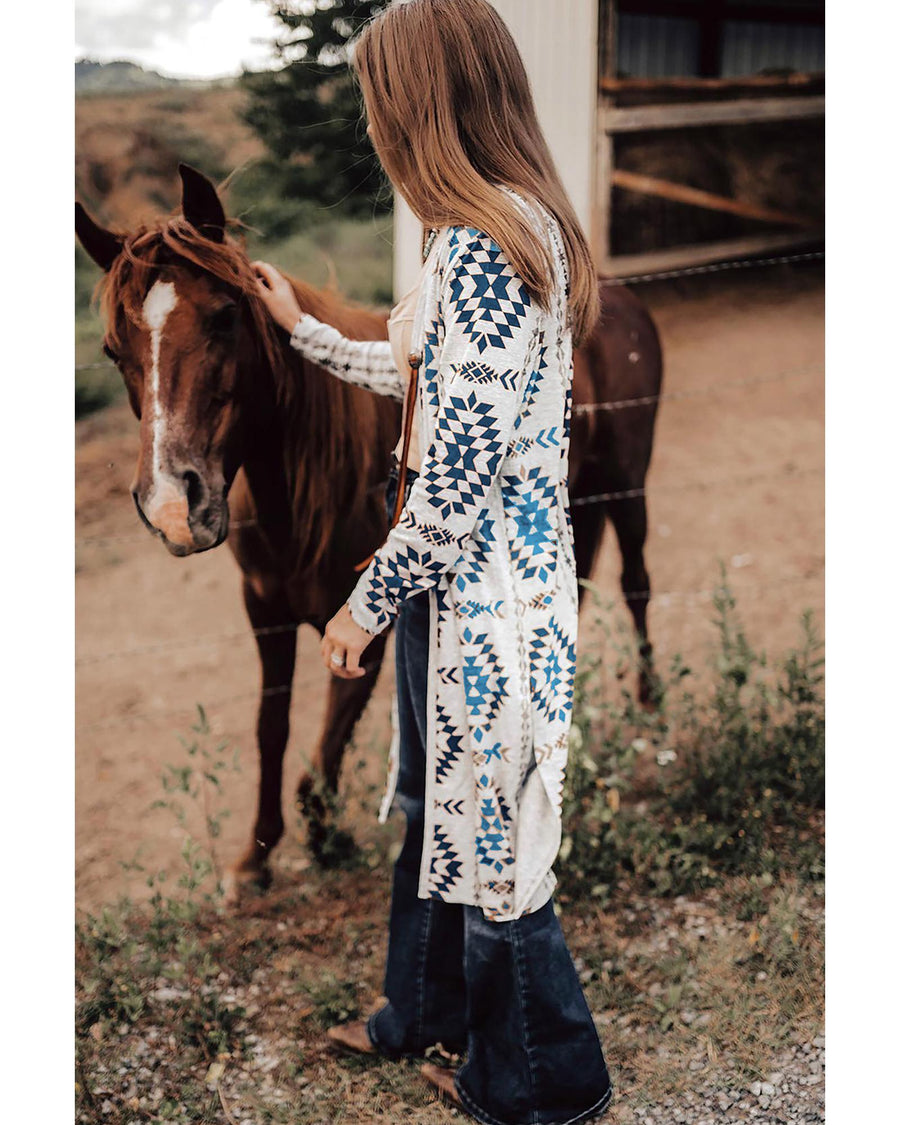 Sky Blue Western Aztec Printed Open Front Long Cardigan - L