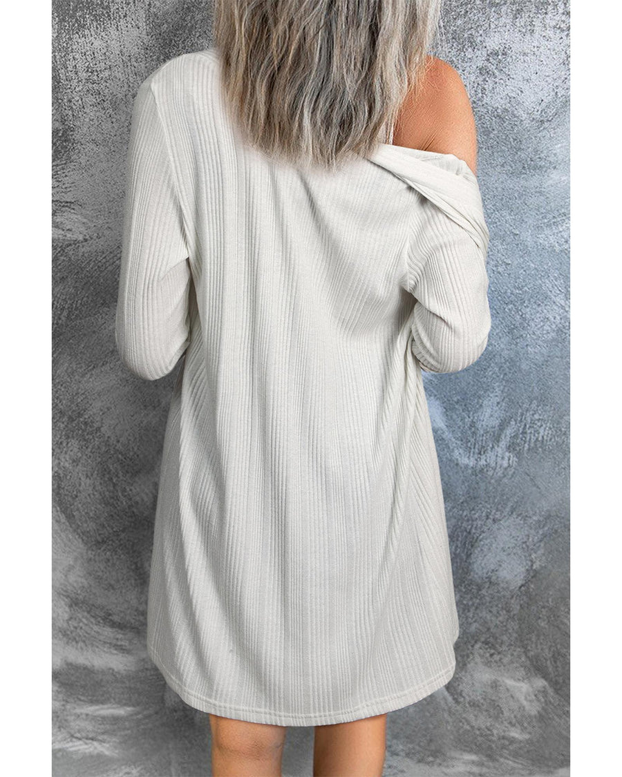 White Solid Color Ribbed Button up Tunic Cardigan - L