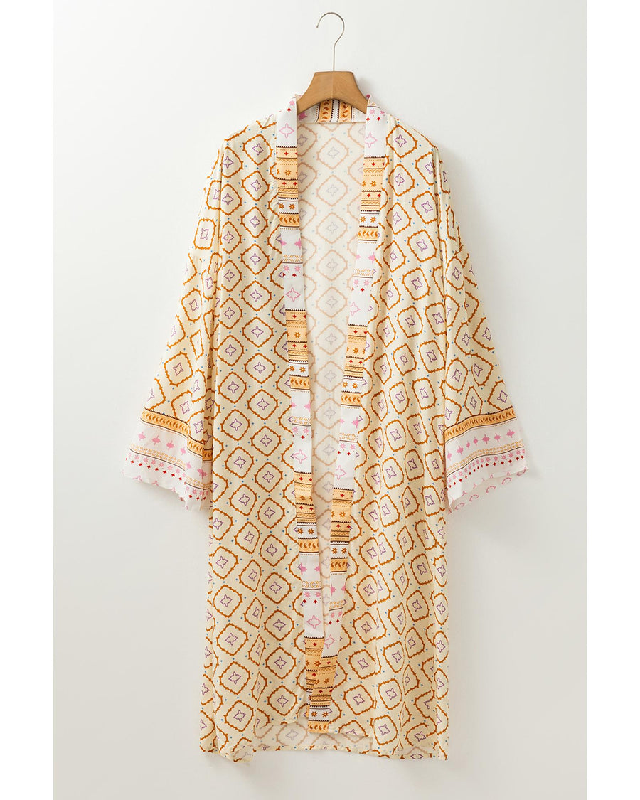 Yellow Bohemian Geometric Printed Loose Sleeve Long Kimono - M