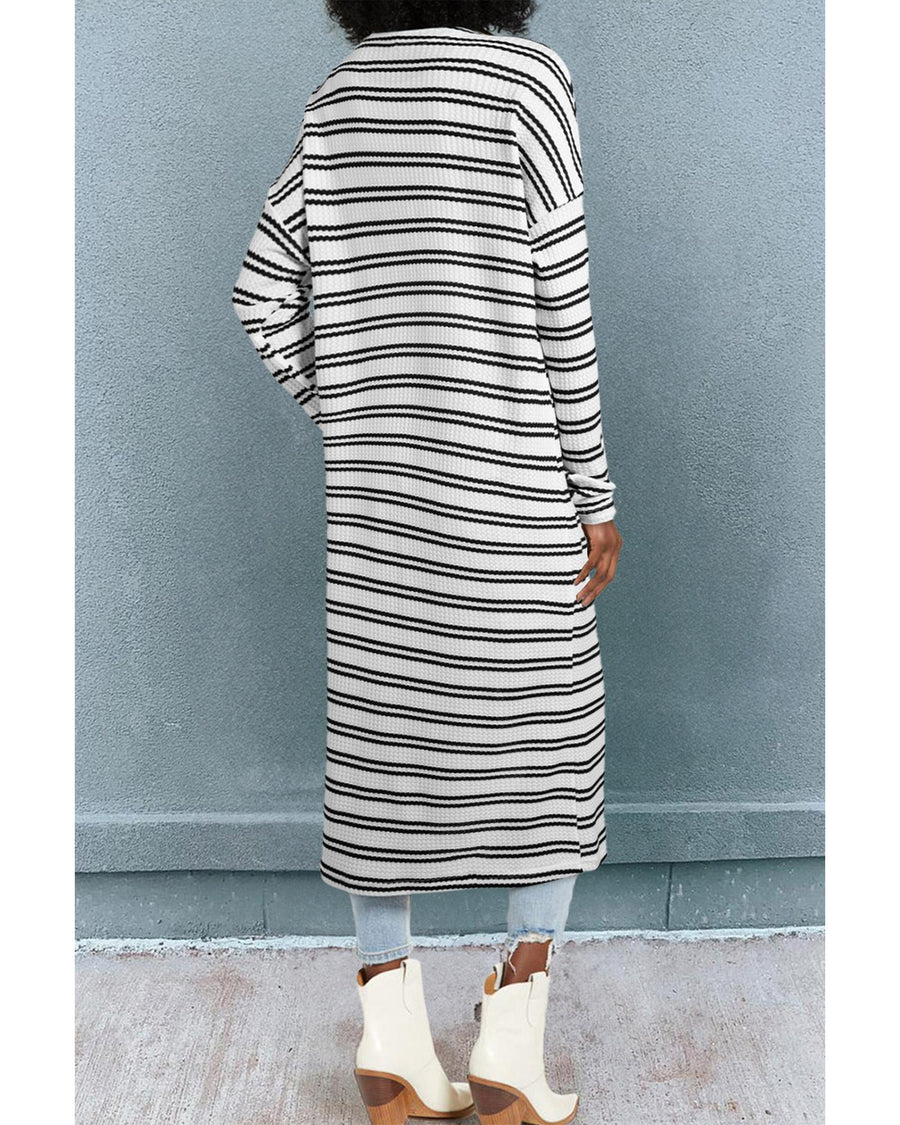 Black Stripe Print Open Front Duster Cardigan - L