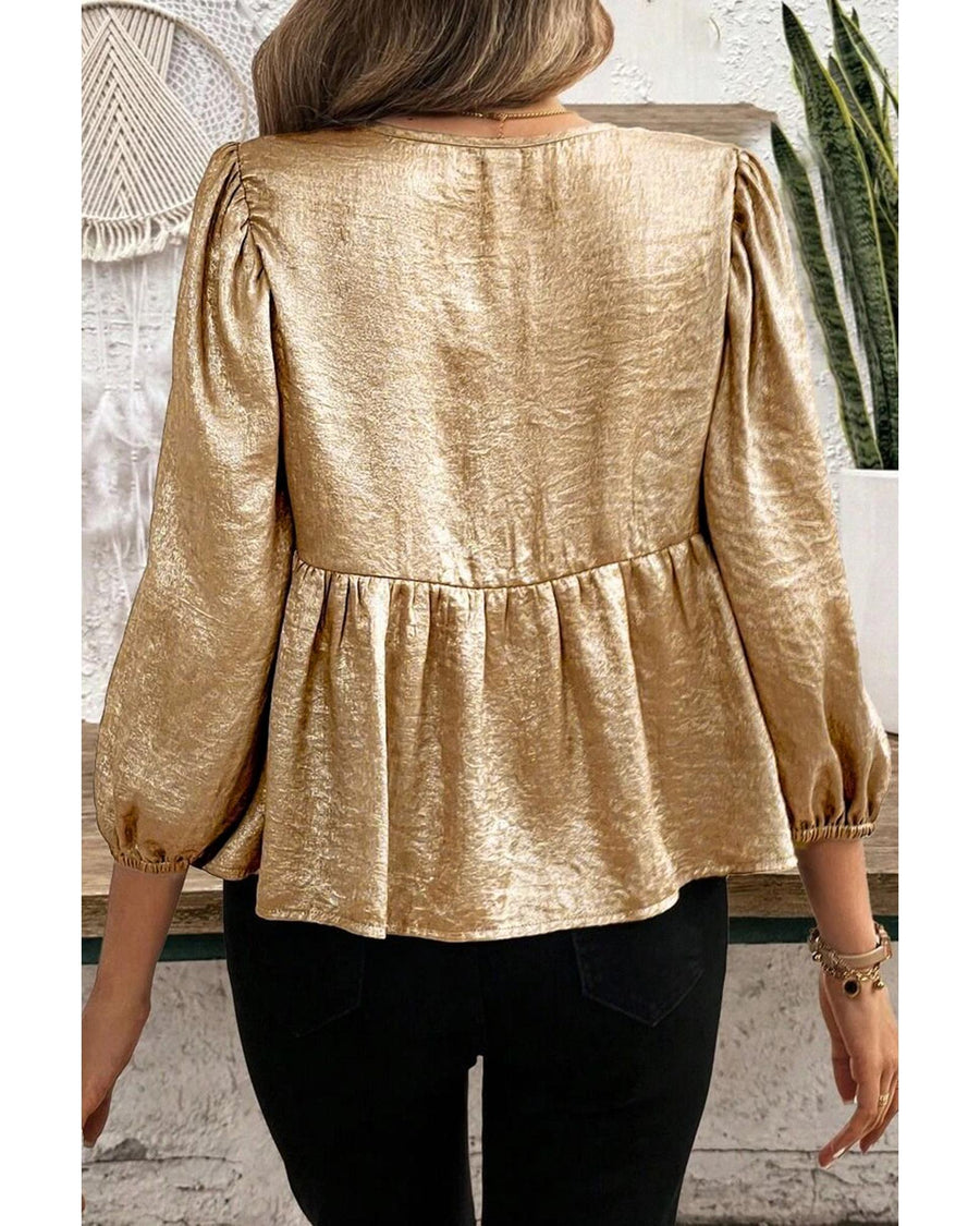 Gold Bow Tie Front Puff 3/4 Sleeve Ruffle Hem Blouse - L