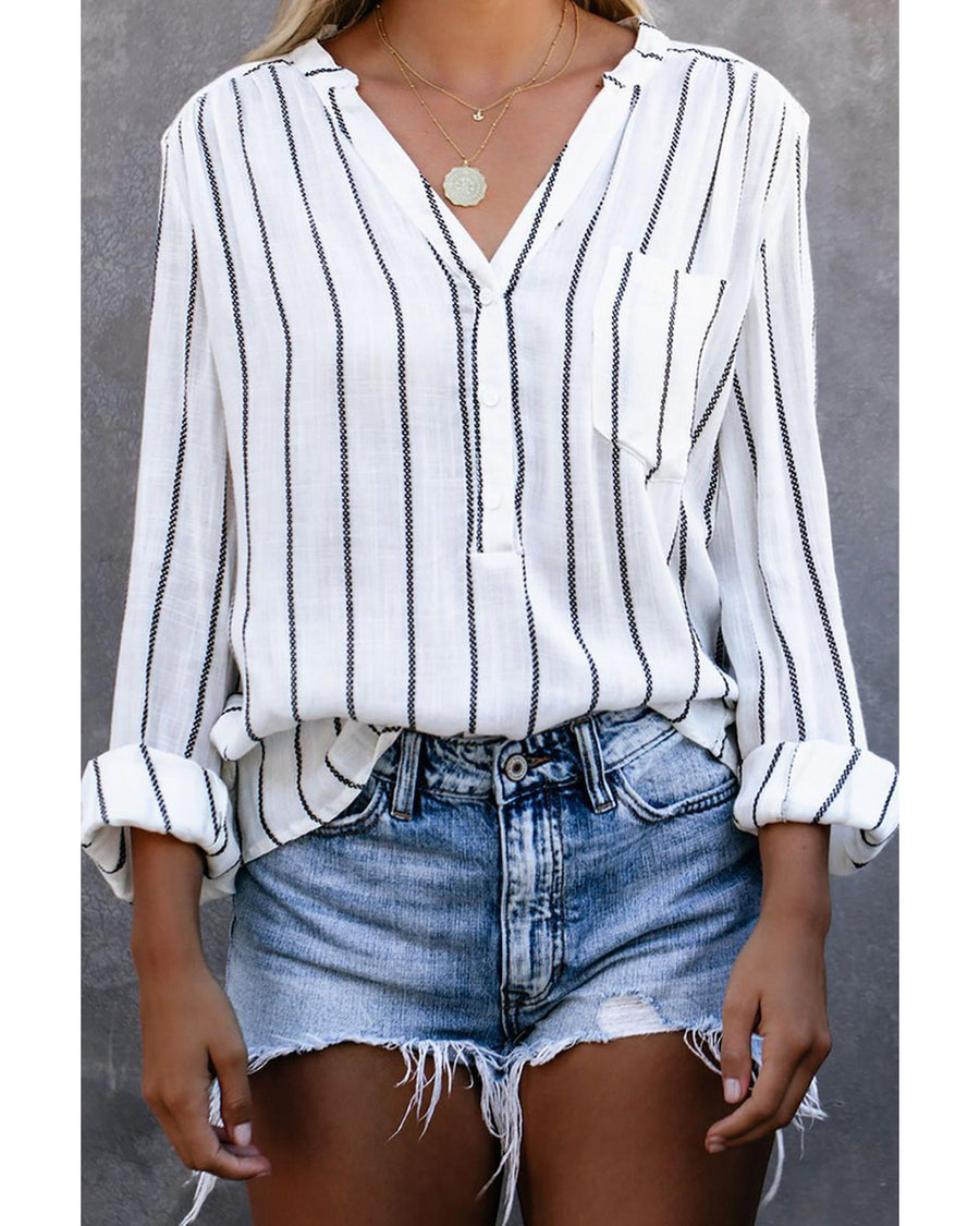 Azura Exchange Striped V Neck Pocket Long Sleeve Top - XL