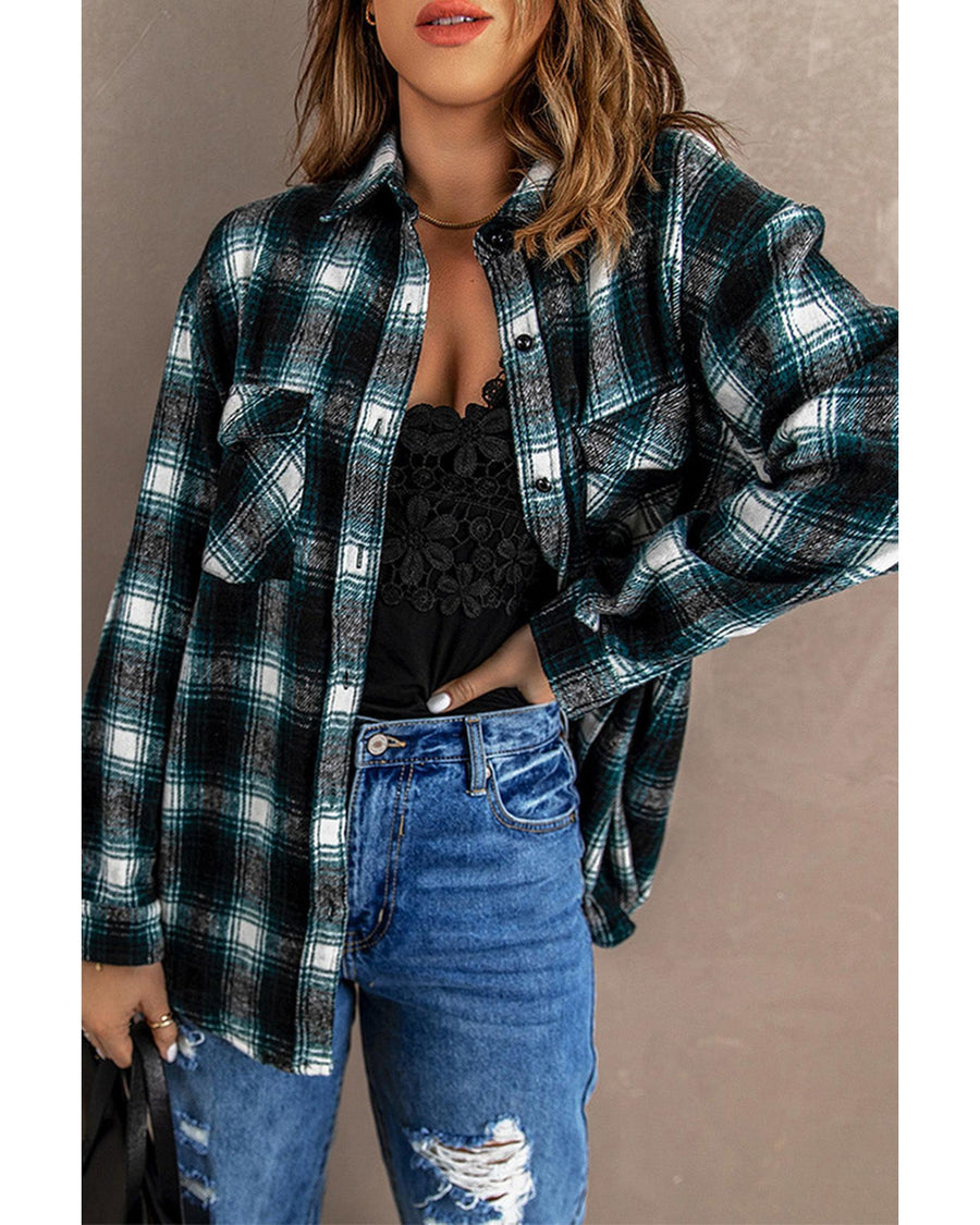 Azura Exchange Plaid Buttons Pocketed Shacket - M