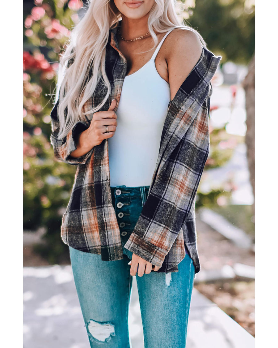 Black Oversize Rounded Hem Plaid Shacket with Slits - M