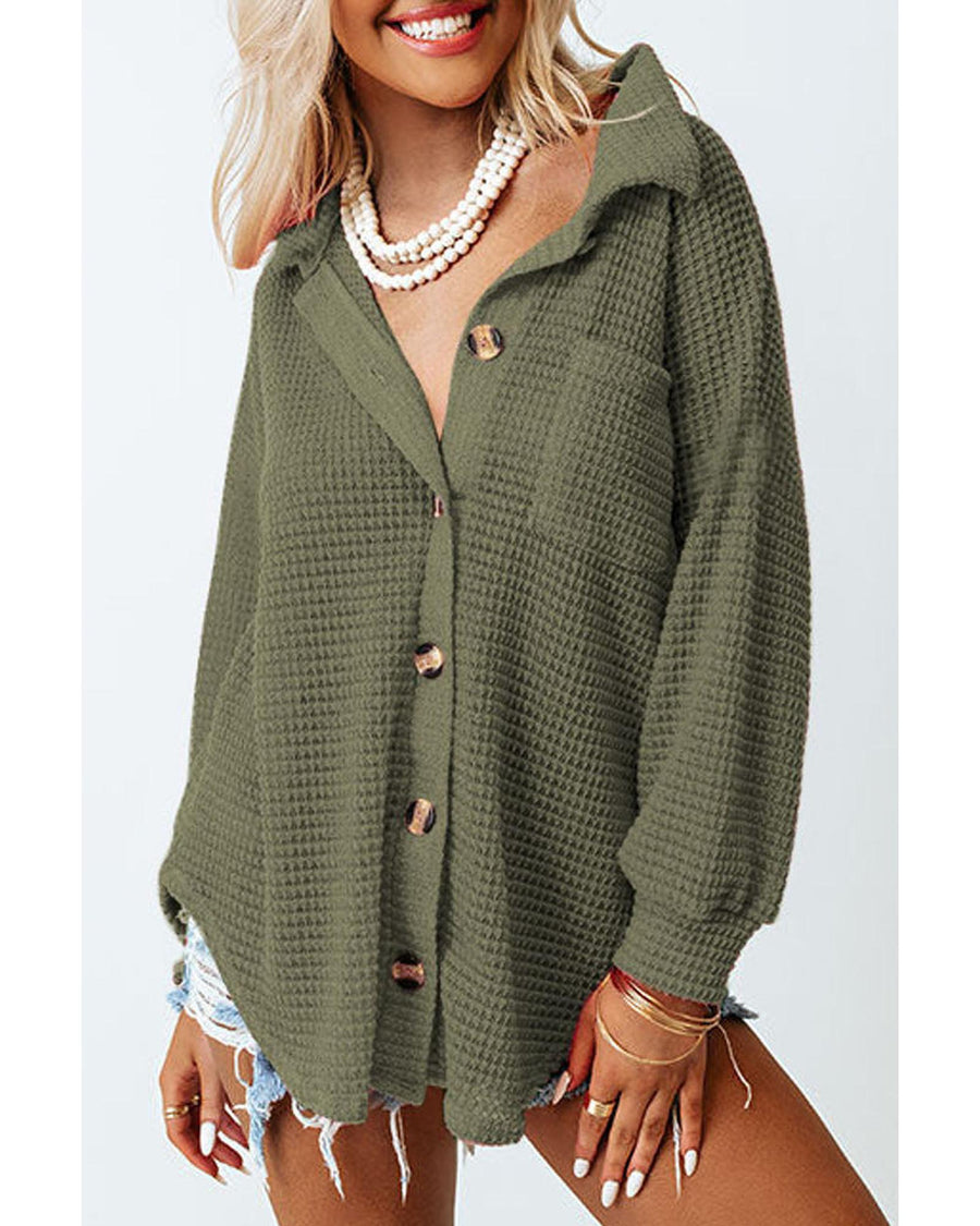 Azura Exchange Textured Green Waffle Knit Button Up Shirt - L