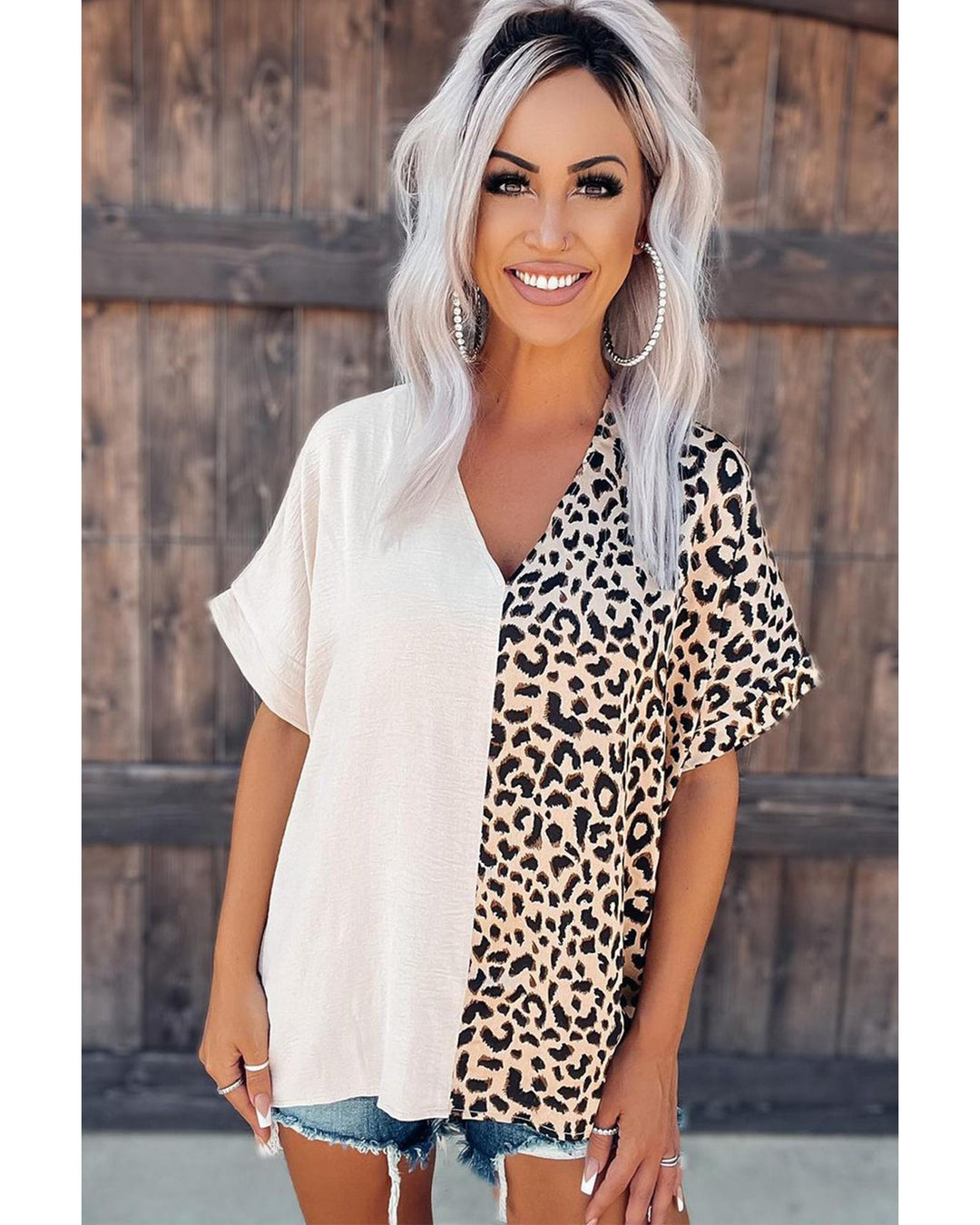 Khaki Contrast Leopard Color Block Blouse - M