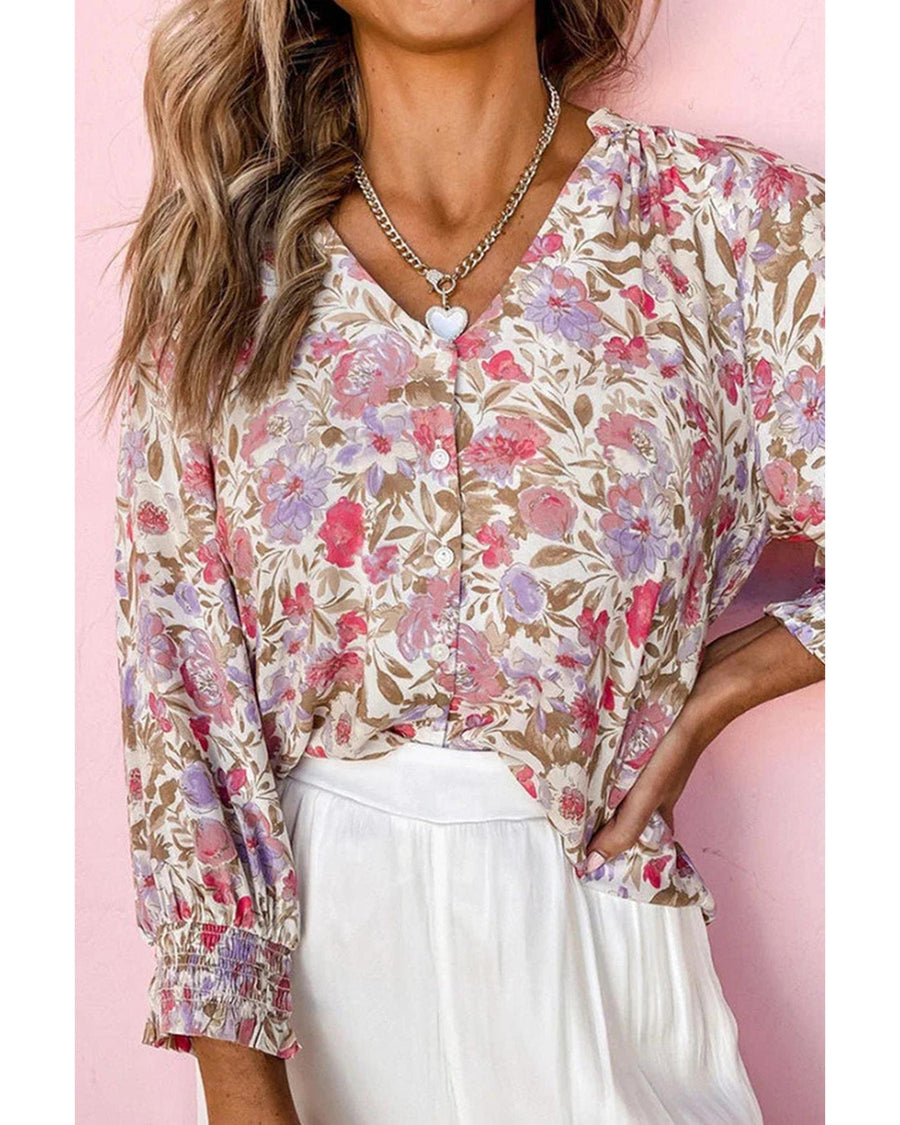 Azura Exchange Buttoned Puff Sleeves Shirt with Floral Print - S