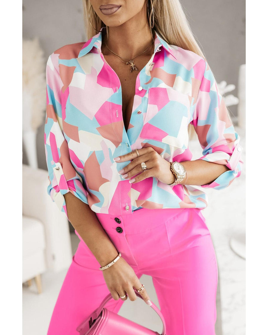Azura Exchange Geometric Block Printed Roll Tab Sleeve Shirt - XL