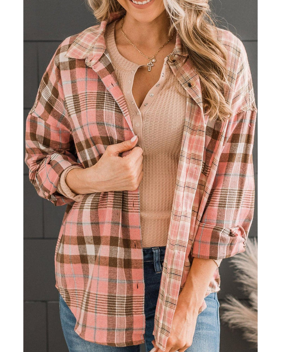 Azura Exchange Plaid Pattern Shirt with Rounded Hem - M