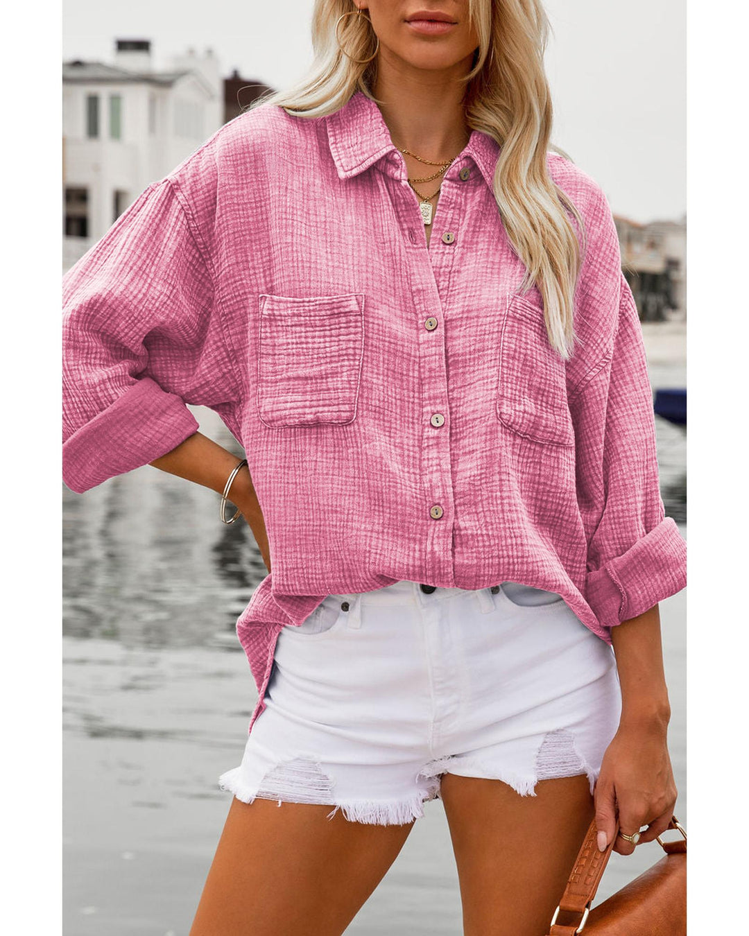 Pink Mineral Wash Crinkle Textured Chest Pockets Shirt - L