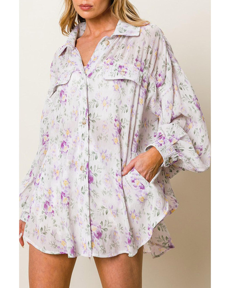Azura Exchange Floral Print Pleated Flap Pocket Shirt - L