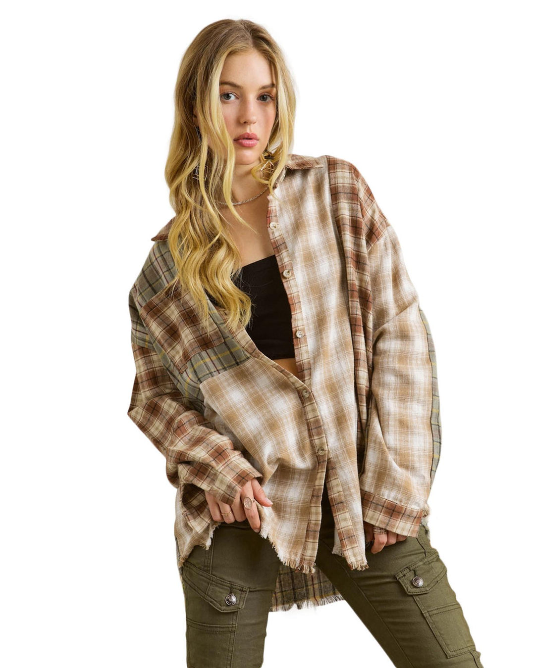 Brown Multi Plaid Patchwork Raw Edge Casual Shirt - XL