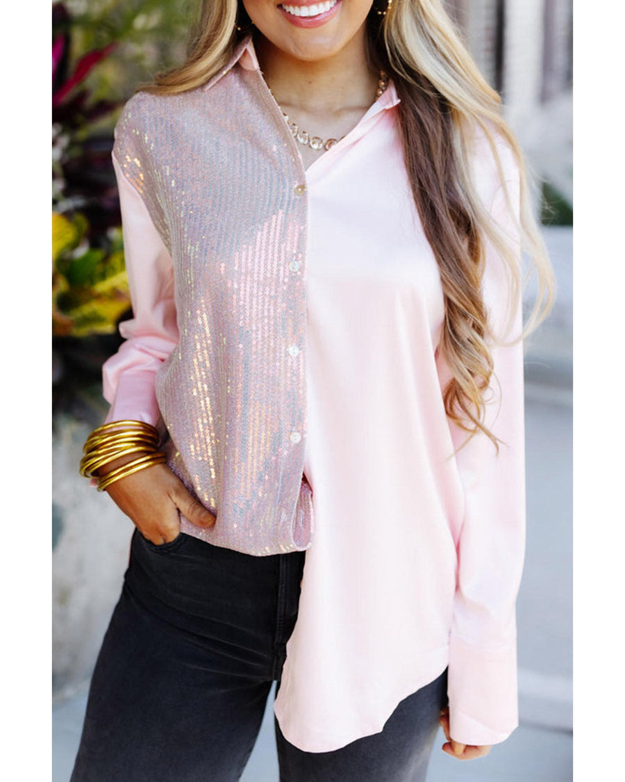 Azura Exchange Sequin Contrast Long Sleeve Shirt - M