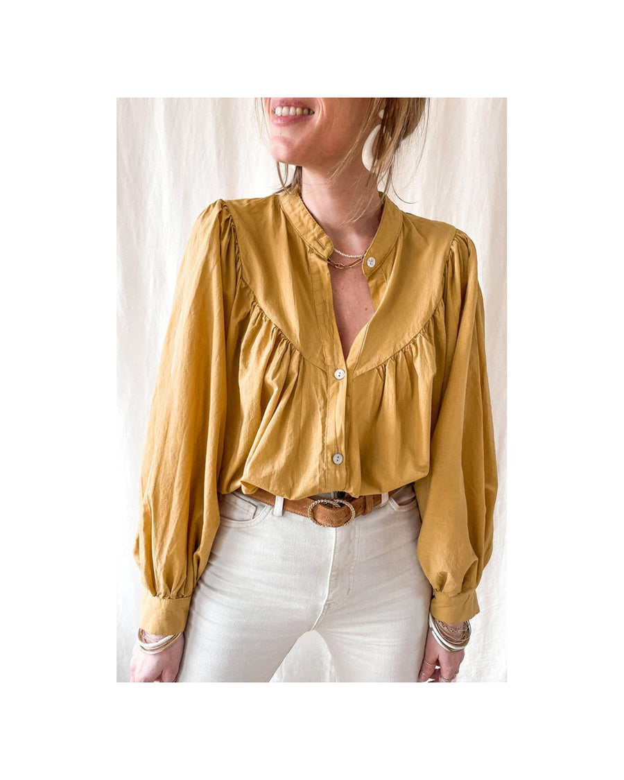Azura Exchange Pleated Yellow Puff Sleeve Loose Shirt - M