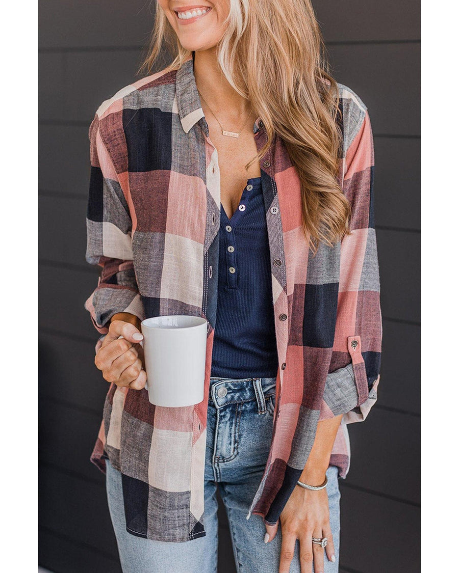 Azura Exchange Roll-up Sleeve Plaid Pattern Shirt - S