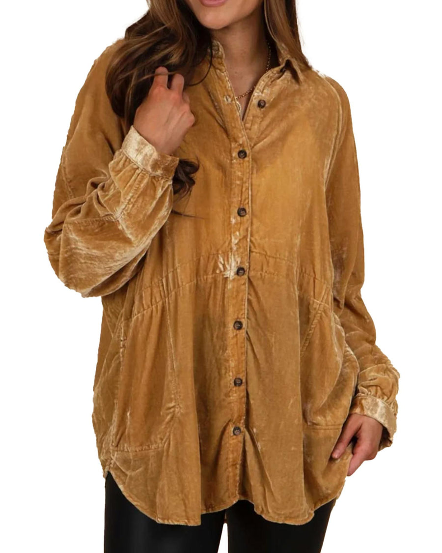 Gold Solid Color Button Up Loose Fit Velvet Shirt - S