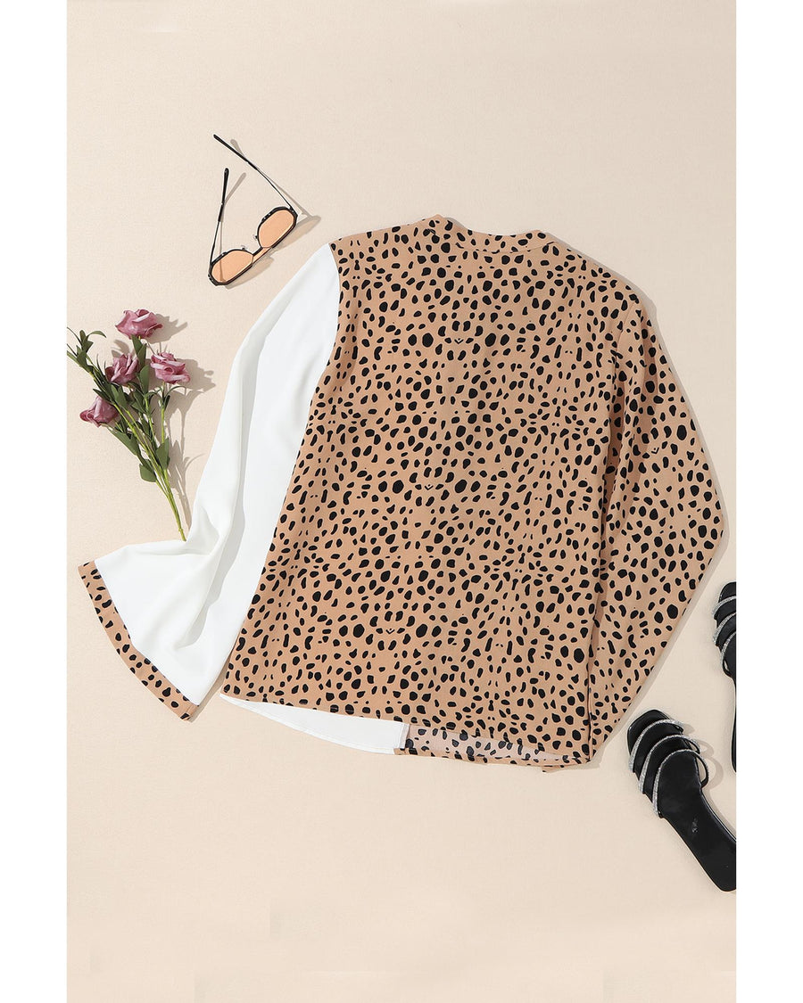 Khaki Leopard Contrast Half Button Casual Blouse - M