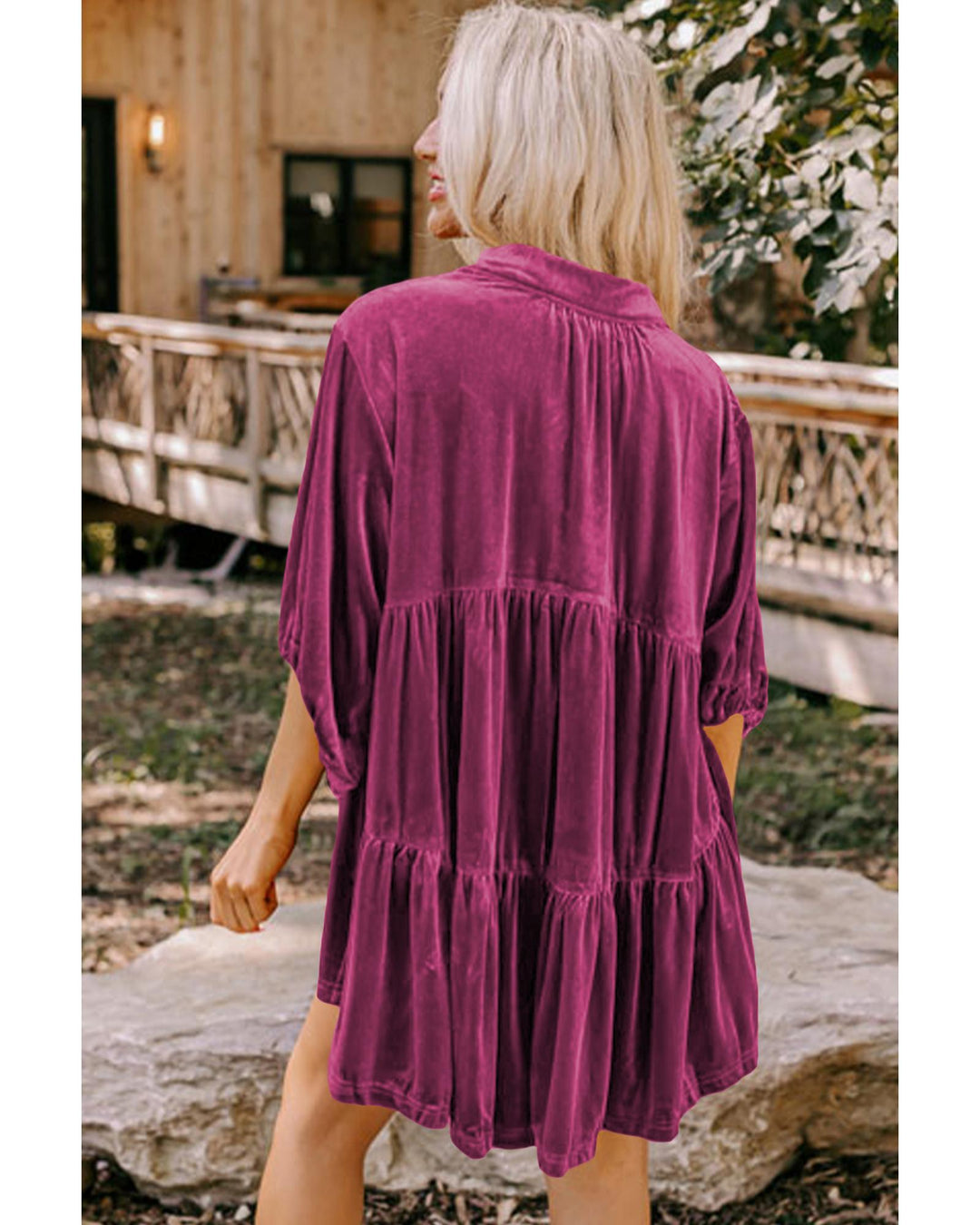 Azura Exchange Pitaya Pink 3/4 Sleeve Tunic Babydoll Velvet Shirt - XL