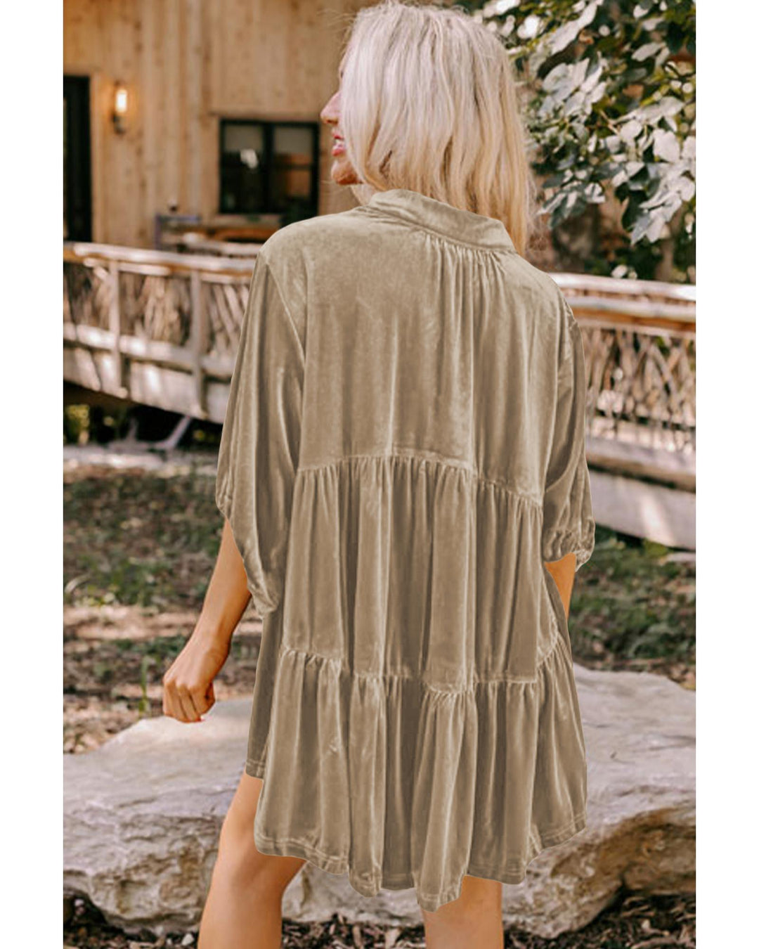 Azura Exchange Pale Khaki 3/4 Sleeve Tunic Babydoll Velvet Shirt - M