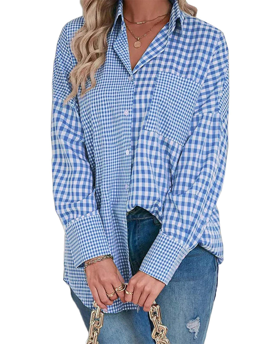 Sky Blue Stripe Plaid Patchwork Button up Long Sleeve Shirt - L