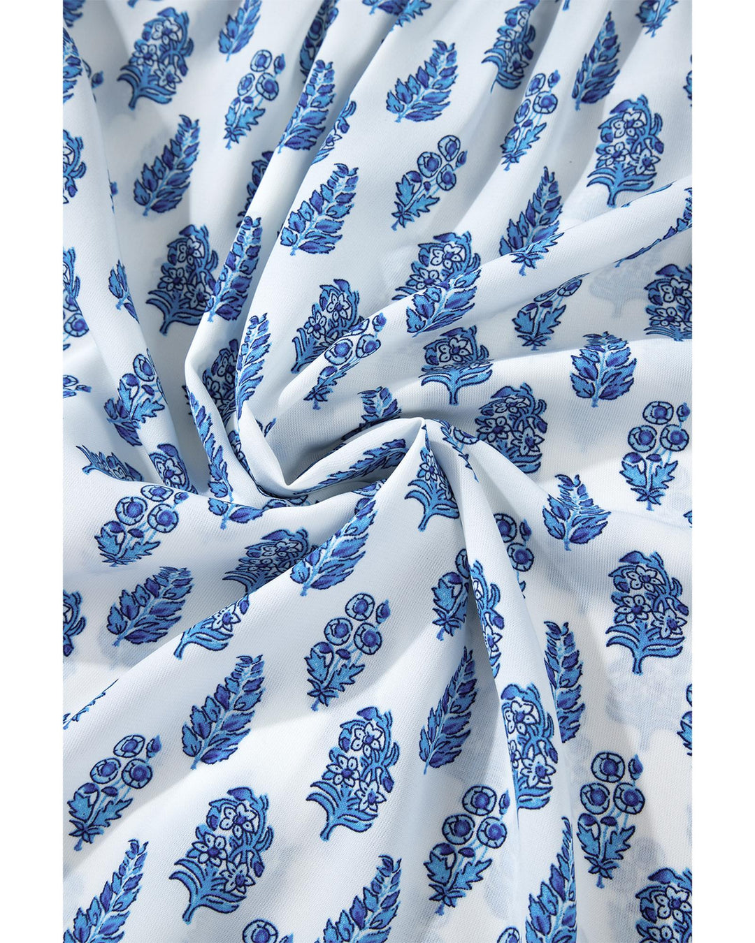 Sky Blue Boho Floral Printed Lantern Sleeve Frilled Neck Shirred Shirt - XL