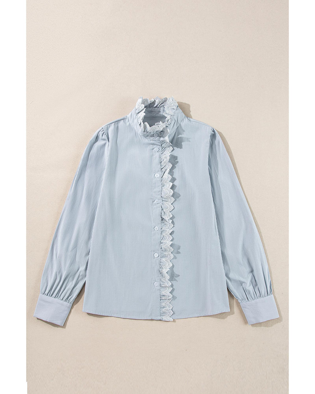 Sky Blue Stripe Frilled Trim Button Up Long Sleeve Shirt - XL