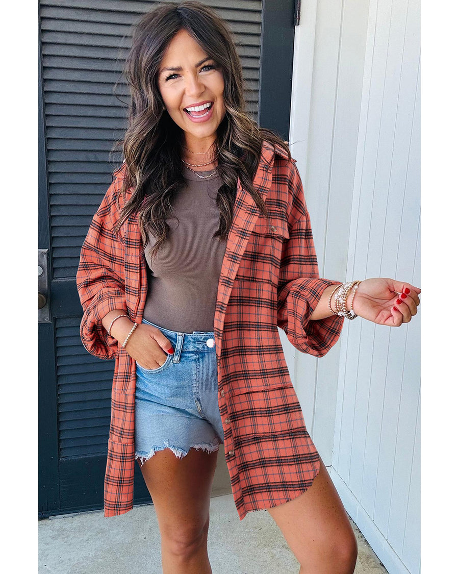 Red Plaid Long Sleeeve Side Split Distressed Hem Shirt - L