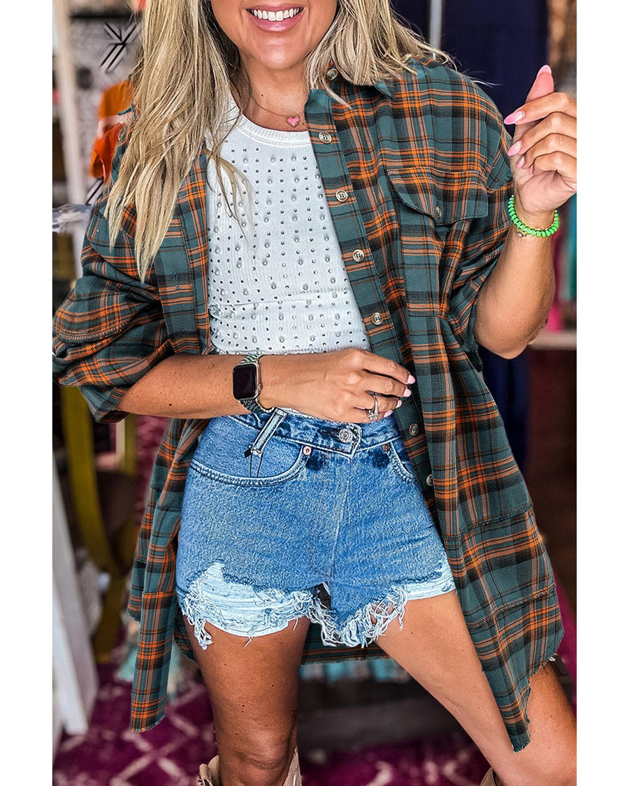 Green Plaid Long Sleeeve Side Split Distressed Hem Shirt - M