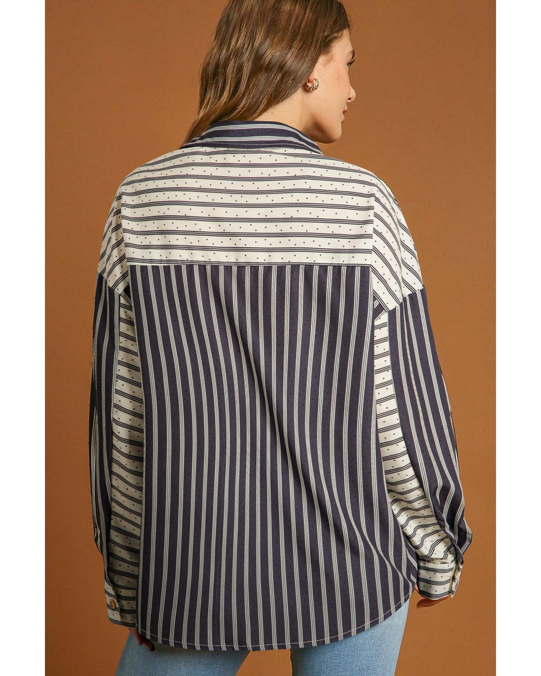 Black Stripe 2-tone Patchwork Half Buttons Chest Pockets Casual Blouse - XL