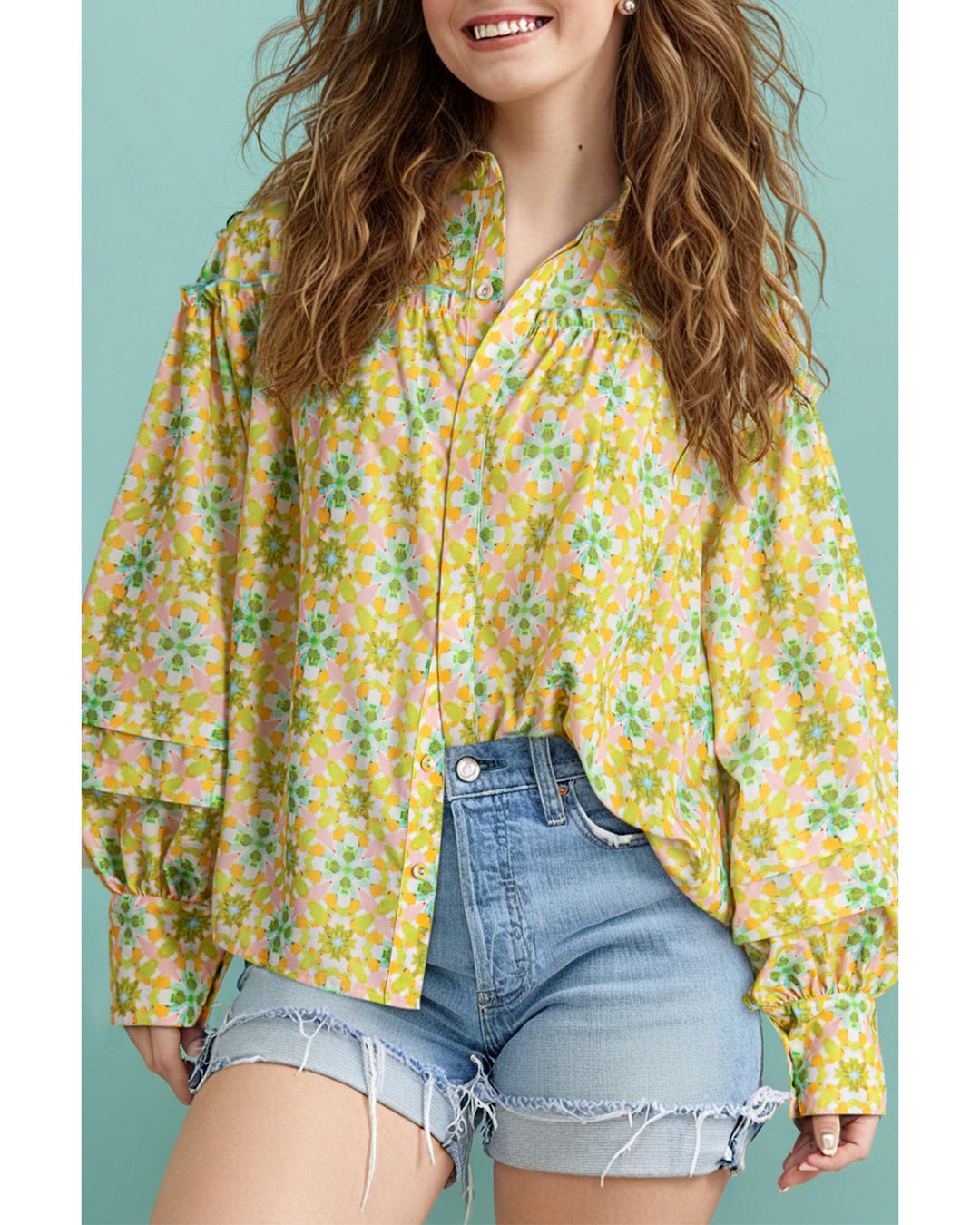 Green Boho Floral Print Frilly Detail Puff Sleeve Shirt - XL