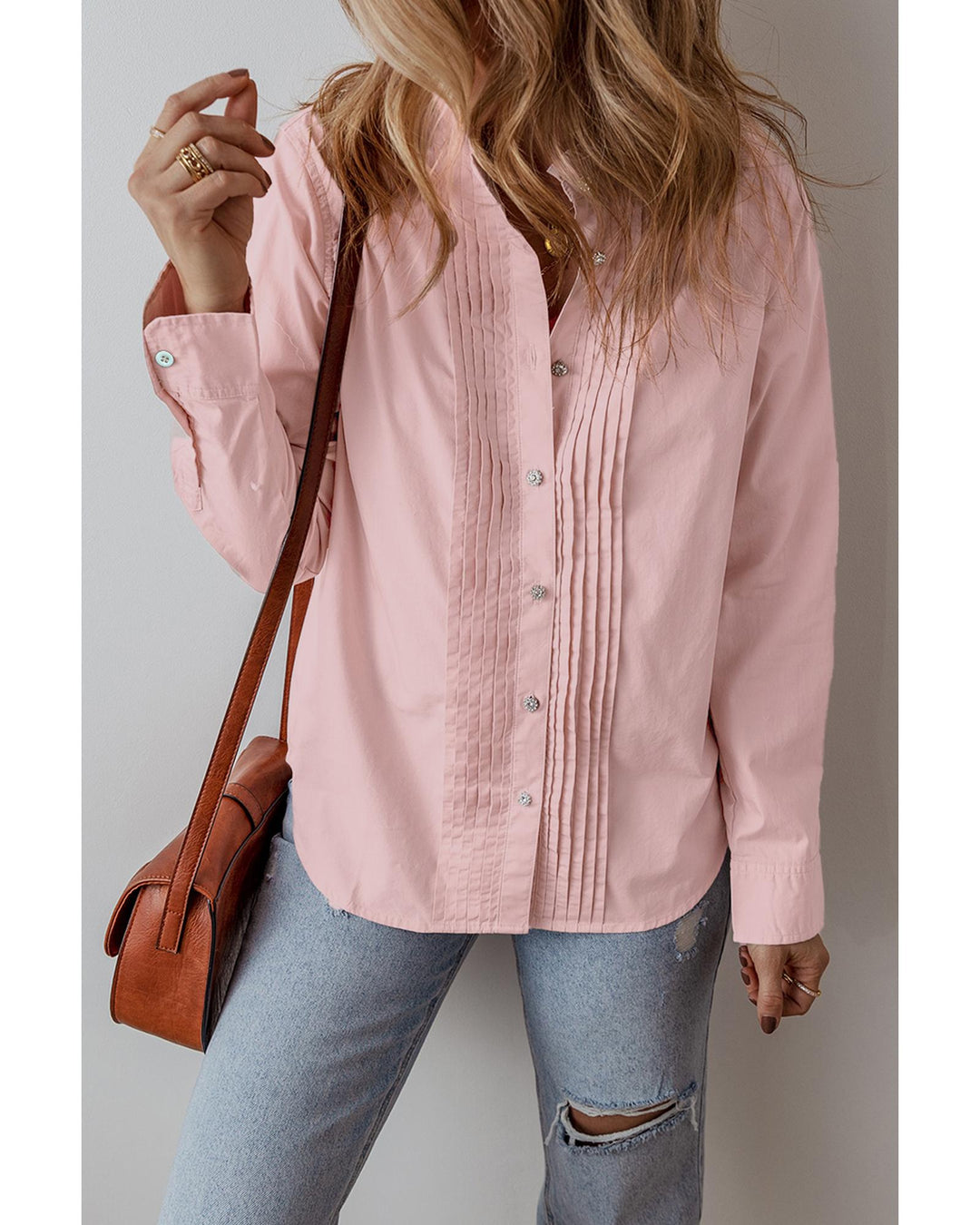 Light Pink Pleated Button-Up Loose Fit Casual Shirt - L