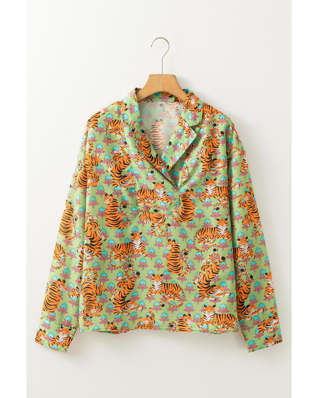 Green Tiger Floral Printed Collared V Neck Casual Shirt - L