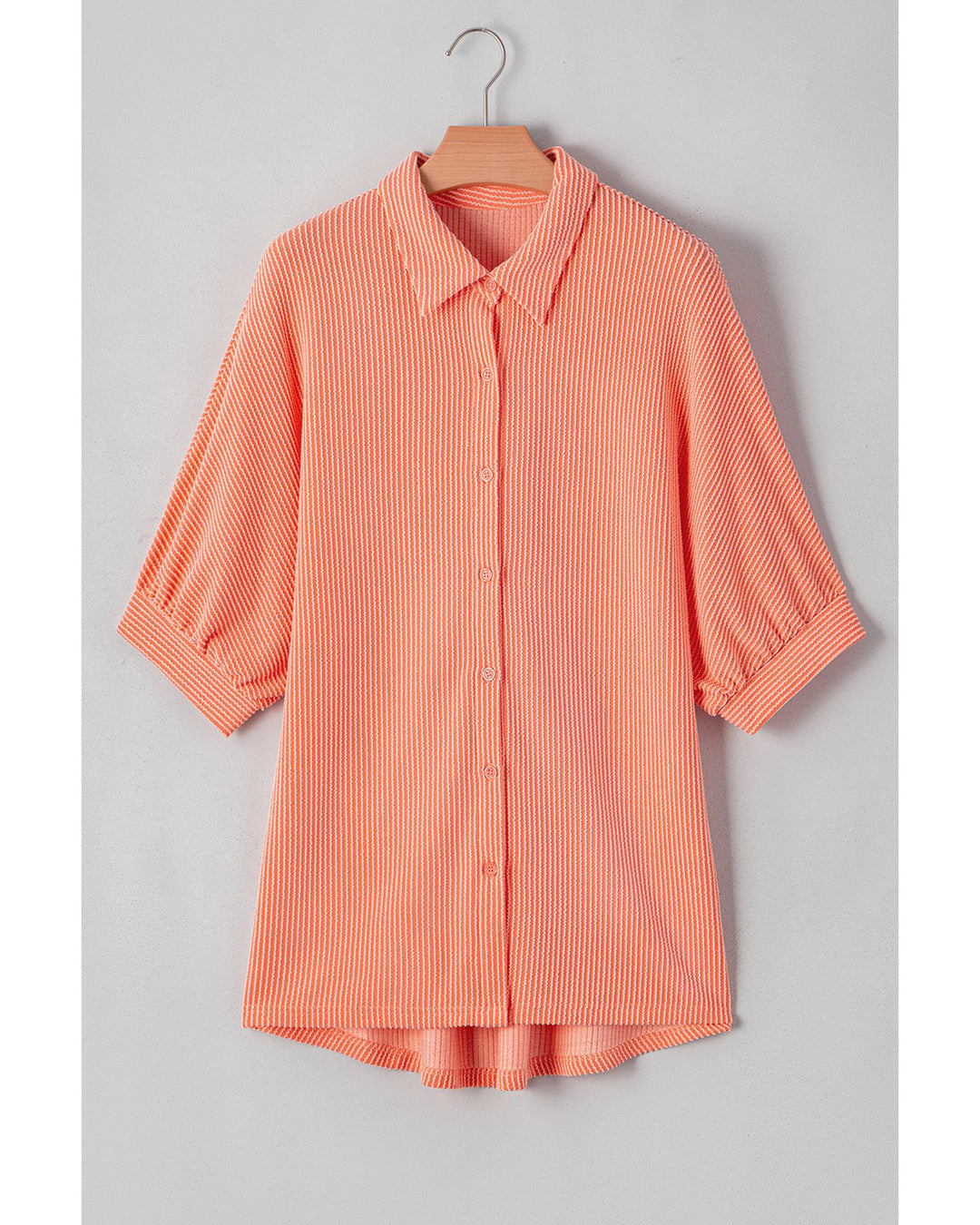 Grapefruit Orange Corded Half Sleeve Button Up High Low Hem Loose Shirt - S