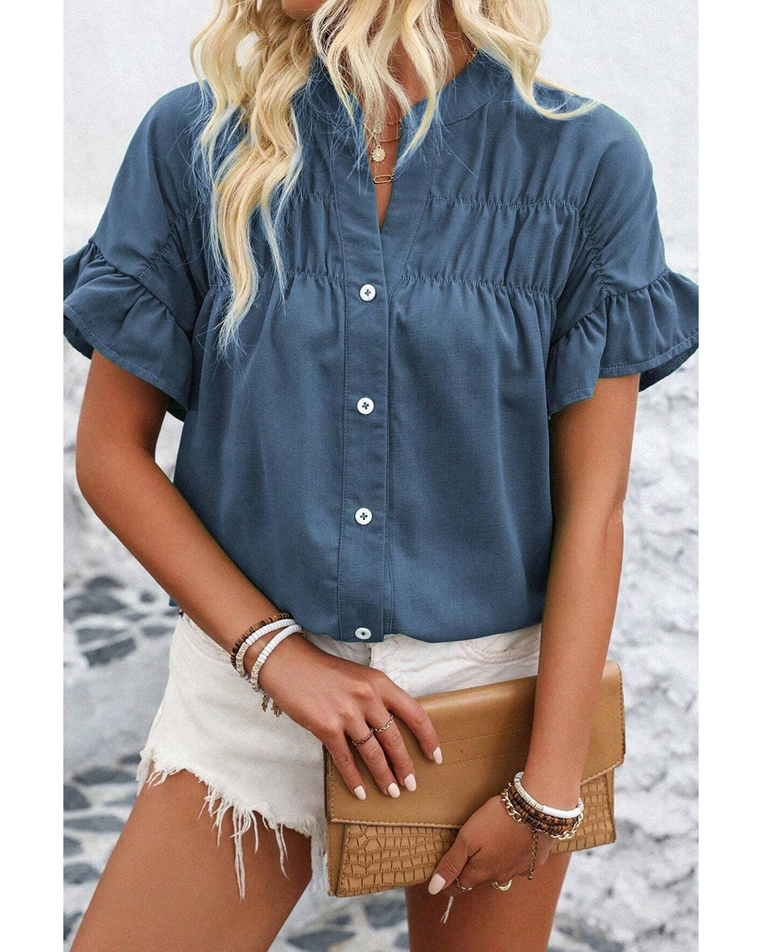 Real Teal Solid Color Ruffle Ruched Short Sleeve Buttoned Shirt - S