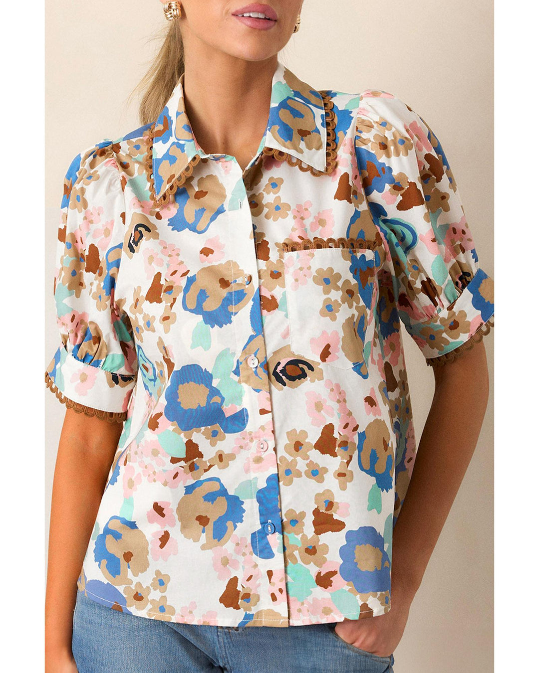 Multicolour Floral Print Ricrac Trim Collared Puff Short Sleeve Shirt - S