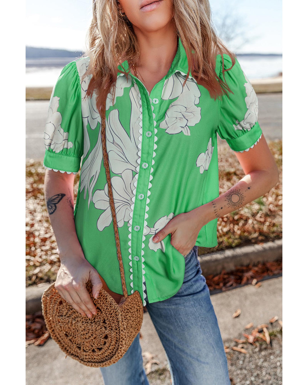 Green Floral Ric Rac Edge Puff Sleeve Button Up Summer Shirt - S