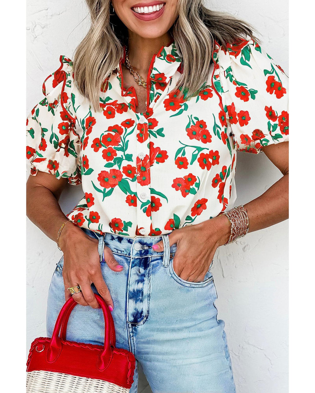 Red Floral Print Ruffled Puff Sleeve Elegant Summer Shirt - S