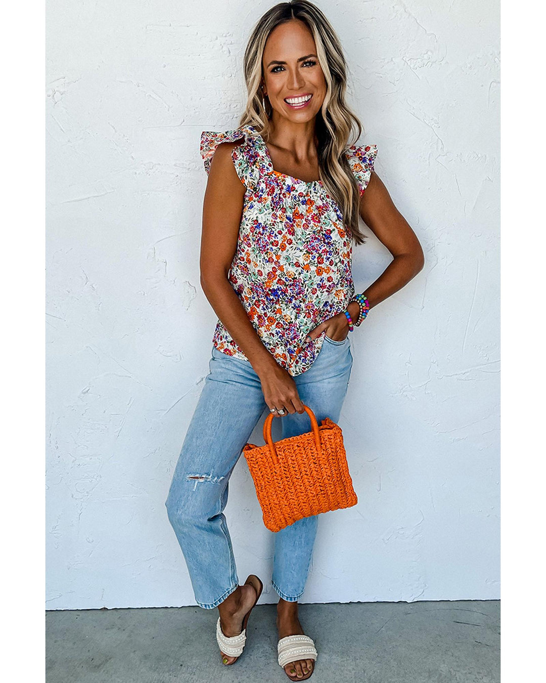 Rose Red Floral Square Neck Flutter Tank Top - L