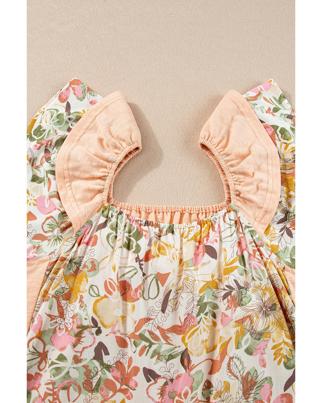 Apricot Pink Floral Patchwork Square Neck Ruffle Sleeve Blouse - M