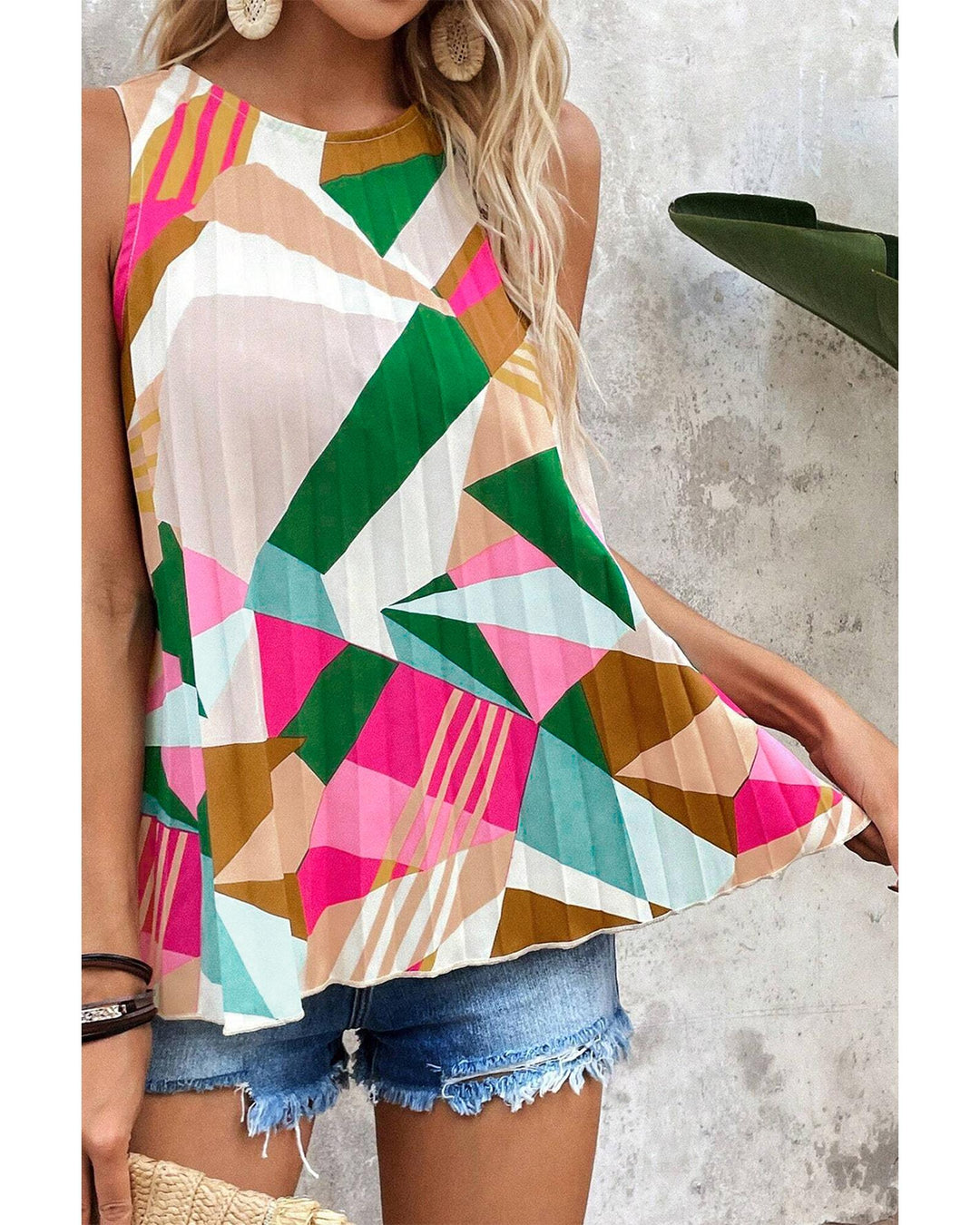 Multicolour Geometric Printed Pleated Shift Tank Top - S