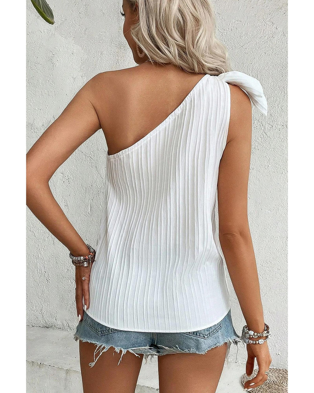 White Textured Bowknot One Shoulder Tank Top - XL