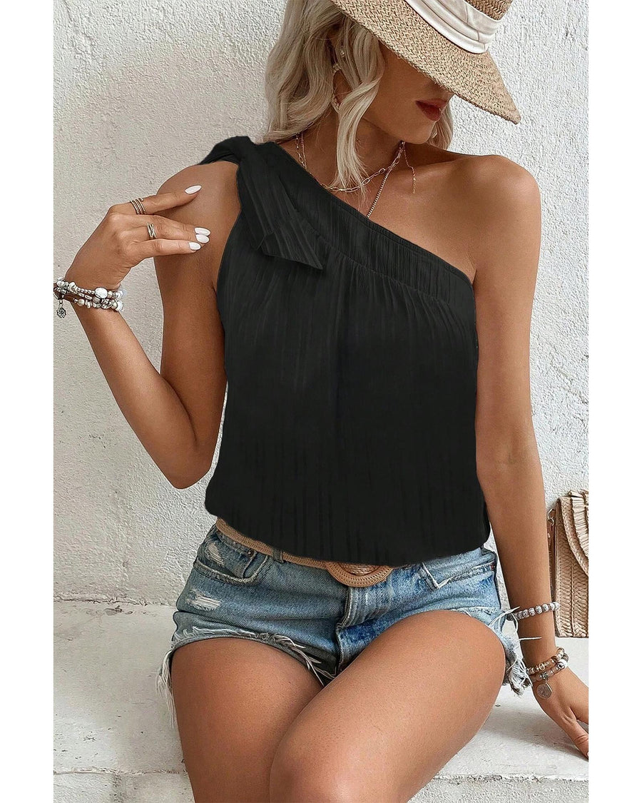 Black Textured Bowknot One Shoulder Tank Top - XL