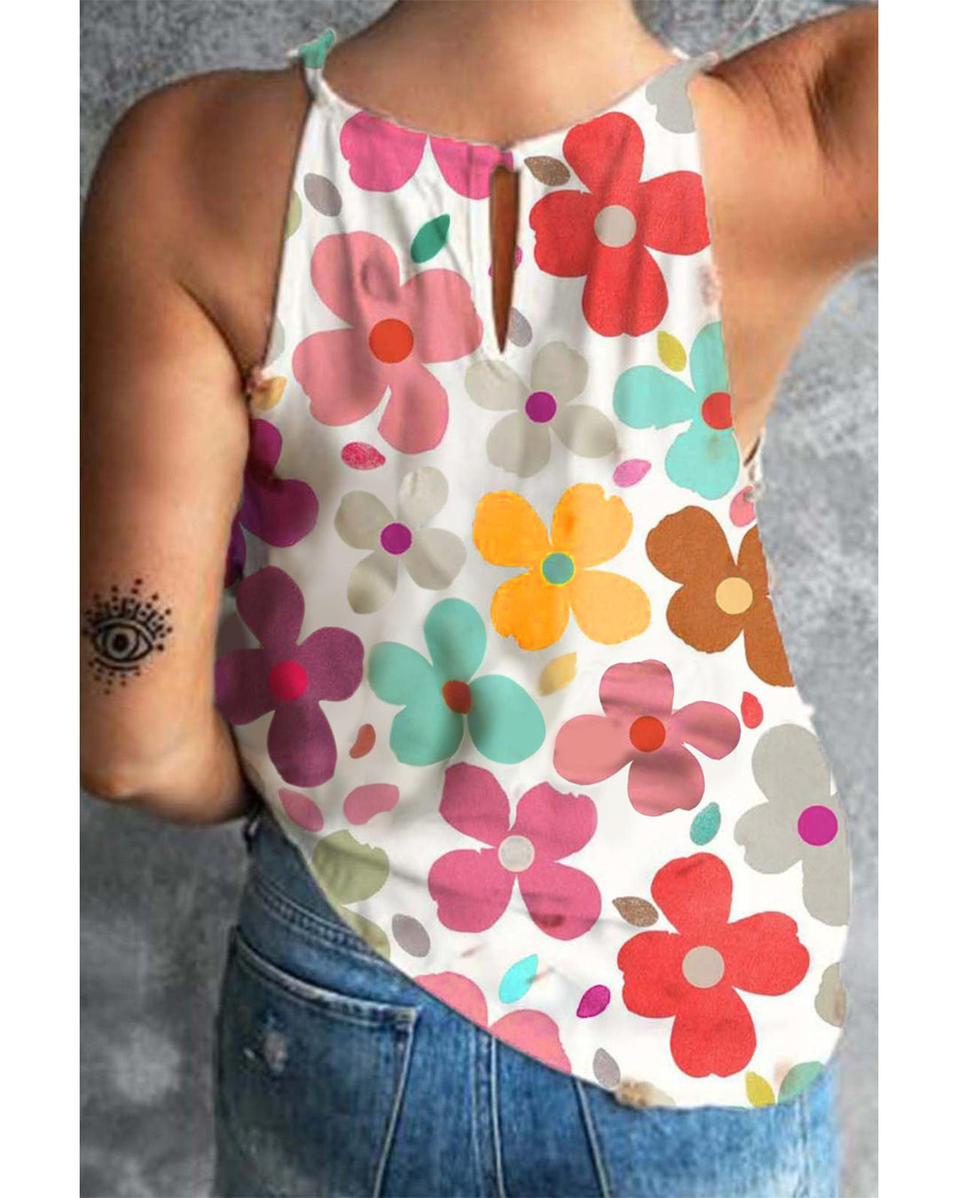 White Cute Floral Print Vest - L